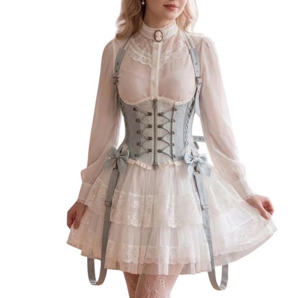 Steampunk Blue Gray Floral Brocade  Underbust Corset Harness Punk Rave Coquette